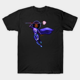 Black anime superhero girl from outer space with cape ! beautiful  black girl with Afro hair, brown eyes, Cherry pink lips and dark brown skin. Hair love ! T-Shirt